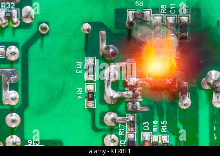 PCB circuit board electricity short circuit fire and burning Stock Photo