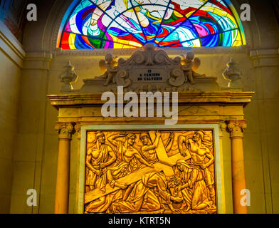 Jeus Christ Carrying Cross Stained Glass Stations of the Cross Basilica of Lady of Rosary Fatima Portugal. Church created on site where three Portugue Stock Photo