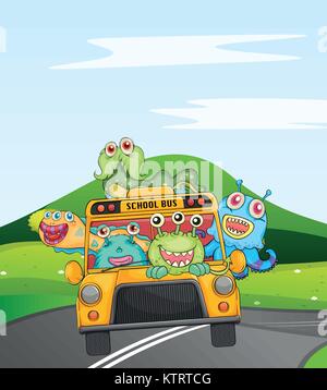 illustration of monsters in schoolbus on road Stock Vector