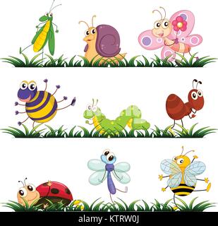 Illustration of mixed bugs on grass Stock Vector