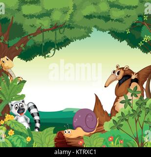 Illustration of a jungle scene with various animals Stock Vector