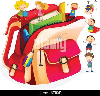 Illustration of tiny students and a schoolbag Stock Vector