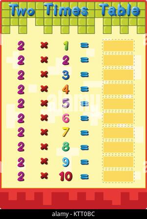 Worksheet of the 2 times tables Stock Vector