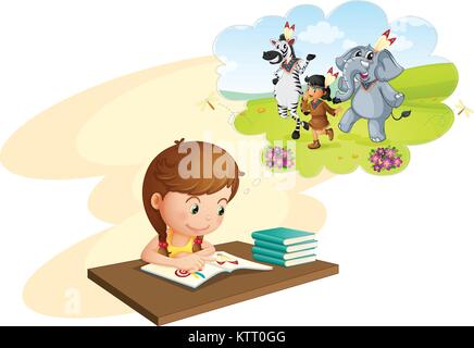 Illustration of girl doing homework and dreaming Stock Vector