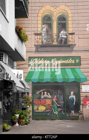 Painted Mural on Wall outside a Shop in the Jewish Quarter of Budapest, Hungary. Stock Photo