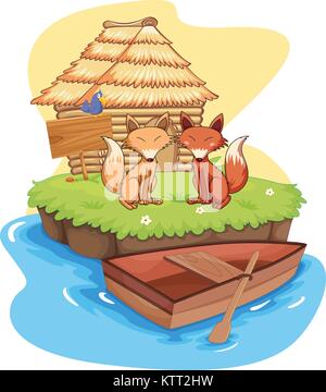 Illustration of foxes on an island Stock Vector