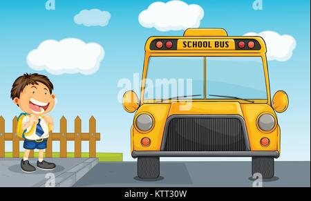illustration of school bus and boy Stock Vector