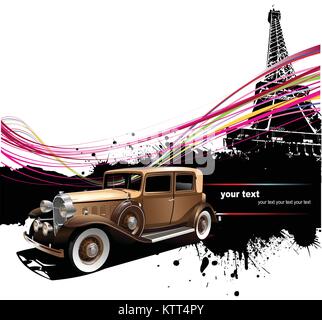 Old car with Paris image background. Vector illustration Stock Vector
