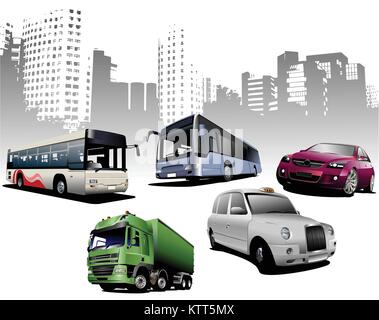 Five examples of city transport on urban background. Vector Stock Vector