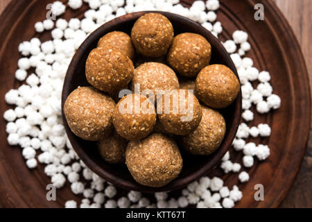 Tilgul or Til Gul with haldi Kumkum and halwa/chiranji or sugar balls for makar sankranti festival Stock Photo