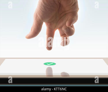 Hand is touching a Screen with a "check" icon, isolated on white background Stock Photo