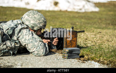 A Soldier zeroes his weapon before shooting a weapon qualification during the New York Army National Guard Best Warrior Competition at Camp Smith Training Site March 30, 2017. The Best Warrior competitors represent each of New York's brigades after winning competitions at the company, battalion, and brigade levels. At the state level they are tested on their physical fitness, military knowledge, endurance, marksmanship, and land navigation skills. The two winners of the competition, one junior enlisted and one NCO, advance to compete at the regional level later this year. (U.S. Army National G Stock Photo