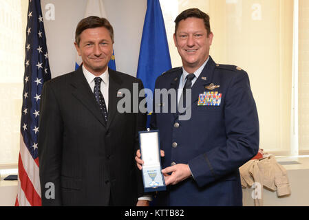 Members of the 102nd and 103rd Rescue Squadrons of the 106th Rescue Wing assigned to the New York Air National Guard, are awarded the Slovenian Medal for Merit in the military field by the President Borut Pahor of Slovenia on May 21, 2017. The ceremony too place at the Permanent Mission of the Republic of Slovenia office to the United Nations, NY, NY for their international rescue mission to render aid to crew members injured in an explosion on board the motor vessel Tamar that began on April 24th. (U.S. Air National Guard Photo by Captain Michael O’Hagan) Stock Photo