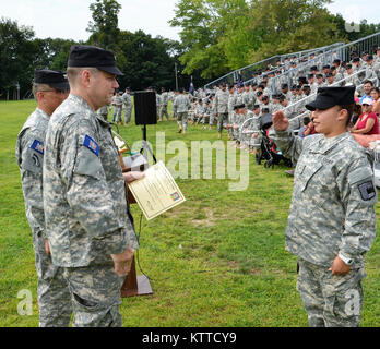 CORTLANDT MANOR, Camp Smith Training Site, NY – The New York Guard, the state's volunteer state defense force, completed their week-long annual training at Camp Smith Training Site, which was held from August 5-11.  During the week-long training, 35 soldiers who were new to the New York Guard completed their (IET) initial entry training program, learning basic soldier in skills such as Drill and Ceremony, basic first aid, Map orientation and wear and appearance of the New York Guard Uniform. In addition, 20 new appointed officers completed their in residence portion of their Basic Officer cour Stock Photo