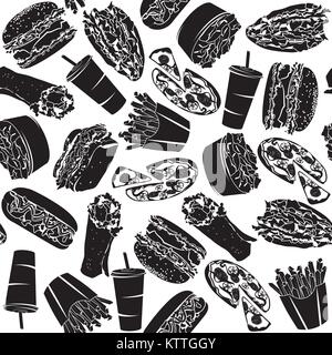 Black Pattern Fast Food I with 16 icons for the creative use in graphic design Stock Vector