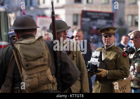 Historical reenactors representing soldiers and Marines during World War One march during the New York City Veterans Day Parade Nov. 11, 2017. This year the United States Air Force was honored as the &quot;Featured Service&quot; during the parade.  With more than 40,000 participants, the New York City Veterans Day Parade is the largest Veterans Day event in the United States.   Air National Guard Photo by Staff Sgt. Christopher S. Muncy Stock Photo