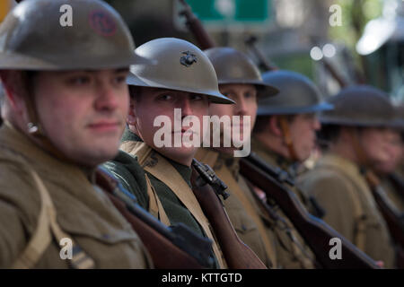 Historical reenactors representing soldiers and Marines during World War One march during the New York City Veterans Day Parade Nov. 11, 2017. This year the United States Air Force was honored as the &quot;Featured Service&quot; during the parade.  With more than 40,000 participants, the New York City Veterans Day Parade is the largest Veterans Day event in the United States.   Air National Guard Photo by Staff Sgt. Christopher S. Muncy Stock Photo