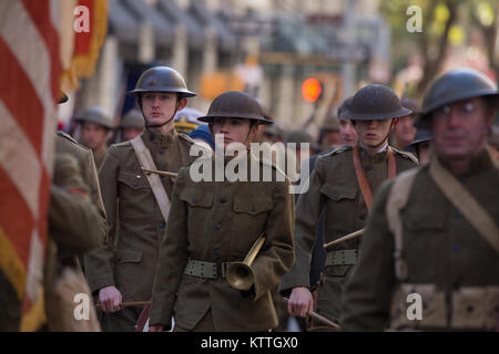 Historical reenactors representing soldiers and Marines during World War One march during the New York City Veterans Day Parade Nov. 11, 2017. This year the United States Air Force was honored as the &quot;Featured Service&quot; during the parade.  With more than 40,000 participants, the New York City Veterans Day Parade is the largest Veterans Day event in the United States.   Air National Guard Photo by Staff Sgt. Christopher S. Muncy Stock Photo