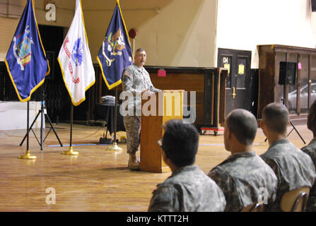 NEW YORK--Lt. Col. James Gonyo, 69th Regiment Brigade Commander, speaks with family members and the soldiers of Echo Company 2-108th during a farewell ceremony at the Lexington Ave. armory in New York City, January 28. The soldiers are slated to deploy to Kuwait in support of Operation Iraqi Freedom after months of pre-deployment training. Stock Photo