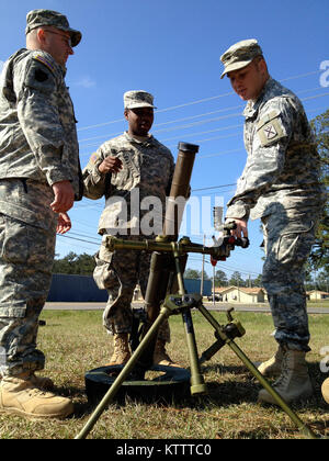 CAMP SHELBY, MS -- Spc. Robert Andrews, left, Pfc Derrick Gadson, middle, and Sgt. Justin Truluck, right, Dennis McNeilly, left, and Capt. Gene Hindman, right, train on the 60 mm mortar here Feb. 6. The soldiers belong to C Company, 4-118th Infantry of the 27th Infantry Brigade Combat Team. The company is based in Mount Pleasant, S.C., and is preparing to deploy overseas with the brigade. Stock Photo