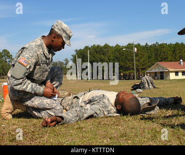 CAMP SHELBY, MS -- Soldiers of A Company, 4-118th Infantry Battalion treat mock casualties during a Combat LifeSaver class here Feb. 9. Combat Lifesavers are non-medical Soldiers who provide lifesaving measures as a secondary mission as their primary and combat missions allow. The battalion is part of the 27th Infantry Brigade Combat Team, and brigade troops are here preparing to deploy overseas. (photo by Sgt. First Class Raymond Drumsta, 27th IBCT Public Affairs) Stock Photo