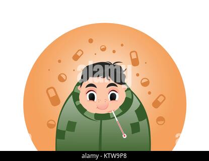 Young man having a cold, holding thermometer in mouth during winter flu season, cartoon style vector illustration Stock Vector