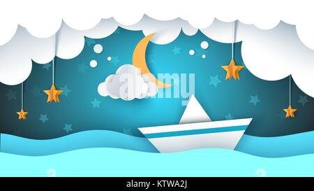 Paper origami illustration. Ship, cloud, star, moon. Stock Vector