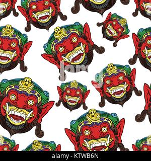 Traditional Balinese mask of the terrible mythical defender seamless pattern Stock Vector