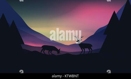 Sunset or Dawn Over Mountains with Stag on Hill Top  Landscape - Vector Illustration Stock Vector