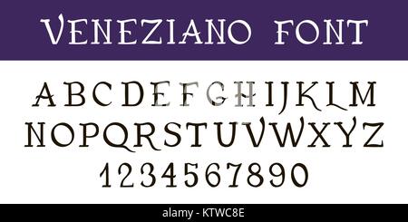 Hand written font calligraphy. Vintage decorative Ink pen font 'VENEZIANO'. Hand drawn letters and numbers Stock Vector
