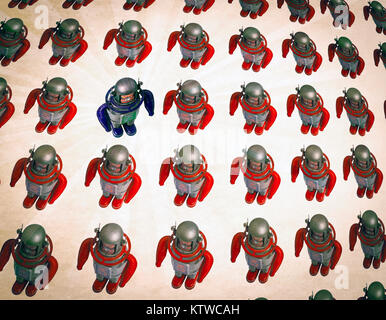 concept against the crowd with retro robot toys  pop art style Stock Photo