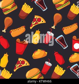 fast food pizza hot dog soda sauce seamless pattern vector illustration Stock Vector
