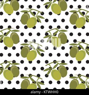 fresh fruit olives leaves and polka dots seamless pattern vector illustration Stock Vector