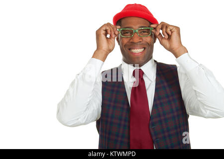 Portrait black man whit red hat and green glasses Stock Photo - Alamy