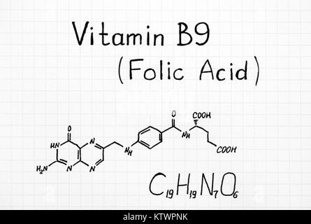 Chemical formula of Vitamin B9 (Folic Acid). Close-up. Stock Photo