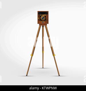 Old Retro Wooden Photo Camera on a Tripod. 3D Realistic Vector Illustration. Accordion Century Antique Studio Camera & Stand. Stock Vector