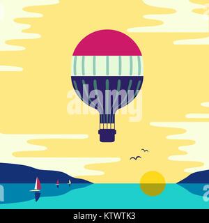 Hot air balloon in the cloudy sky under sea. Stock Vector
