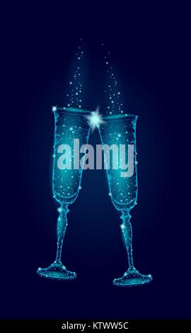 Two blue glowing glasses champagne sparkles. Happy New Year Valentine Day greeting card concept. Romantic love couple date low poly polygonal modern triangle 3d design vector illustration Stock Vector