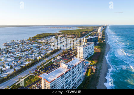 Florida Hutchinson Barrier Island,Jensen Beach,barrier island,Atlantic Ocean,water surf waves,high-rise condominium residential apartment apartments b Stock Photo