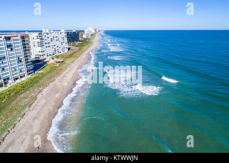 Florida Hutchinson Barrier Island,Jensen Beach,barrier island,Atlantic Ocean,water surf waves,high-rise condominium residential apartment apartments b Stock Photo