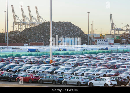 New cars for export at Southampton Docks, Port of Southampton 2017, Southampton, England, UK Stock Photo