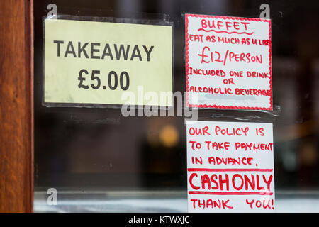 Takeaway sign outside a Chinese restaurant in London's Chinatown, London, England, United Kingdom Stock Photo