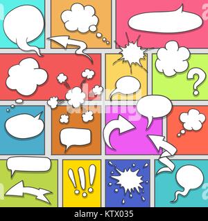 Comic strip background. Doodle speech bubbles and other sketch cartoon elements on comic pattern vector illustration Stock Vector