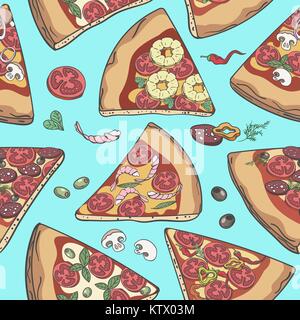 Pizza pattern. Pizza slice seamless background trendy doodle vector illustration for restaurant delicious wrapping paper Stock Vector
