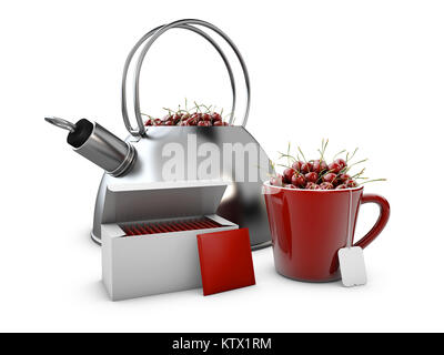 3d Illustration of Fruit tea with kettle and box of tea, isolated white. Stock Photo