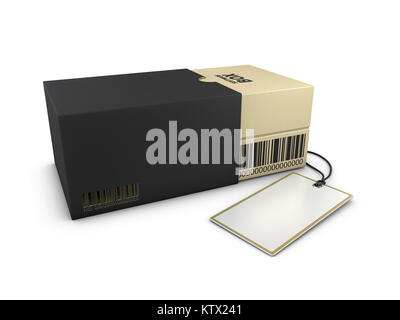 3d rendering of Opened Golden Black Box and Label Mockup, isolated white. Stock Photo