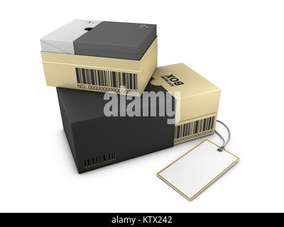 3d rendering of Opened Golden Black Box with Label Mockup, Software package concept. Stock Photo