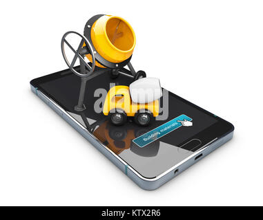 3d Illustration of Yellow concrete mixer on phone screen, isolated white Stock Photo