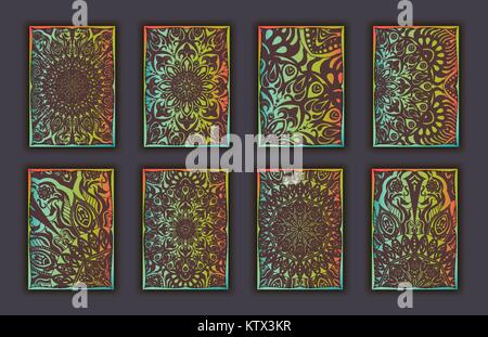 Card set with mosaic lace decorative elements background. Asian Indian oriental ornate banners Stock Vector