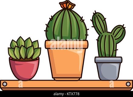 pots with desert plants in shelf vector illustration design Stock Vector